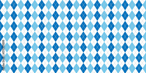 Argyle rhombus seamless pattern. Christmas plaid texture with silver line. Blue geometric diamond abstract pattern. Mans and boys design wrapping bg. Vector illustration isolated on white background.