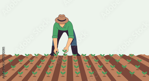 Farmer planting green seedlings in neat rows of brown soil under a pale sky
