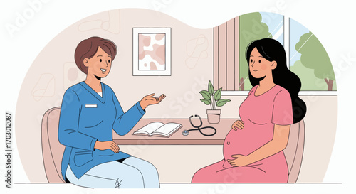 Female doctor in scrubs consults pregnant woman in pink dress in an office with desk book stethoscope and window