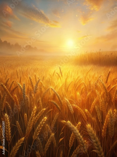 Field of ripe wheat bathed in golden sunlight at sunrise