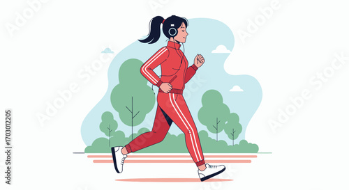 Flat illustration of a young woman in a red tracksuit running with headphones outdoors green trees and blue sky background