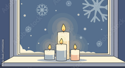 Four burning candles sit on a windowsill against a dark blue winter night scene with falling snowflakes and snow