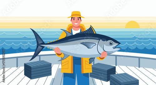 Flat illustration of a smiling fisherman in yellow gear holding a large tuna fish on a boat deck at sunset