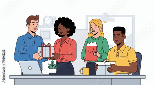 Four diverse people in an office exchanging gifts a man gives a present a woman holds a bag another opens a box