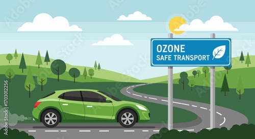 Green car with exhaust smoke on a winding road through green hills past an OZONE SAFE TRANSPORT sign with a leaf