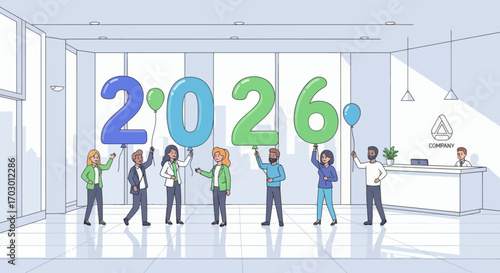 Group of people in an office holding 2026 number balloons and a few regular balloons
