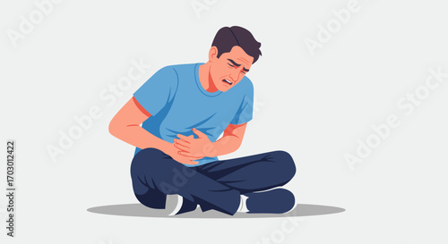 Illustrated man in blue tshirt and dark pants sitting and clutching his painful stomach