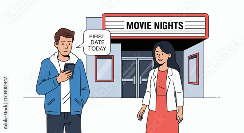 Illustrated man on phone with FIRST DATE TODAY text near smiling woman outside MOVIE NIGHTS cinema