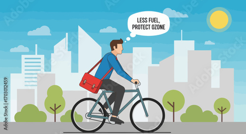 Illustrated man on a bicycle in a city with trees thinking LESS FUEL PROTECT OZONE under a sunny sky