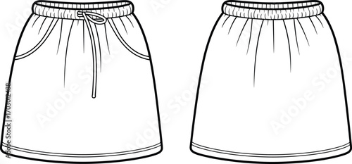 Women’s skirt flat fashion sketch with drawstring waistband and side pockets, casual activewear clothing template front and back technical illustration