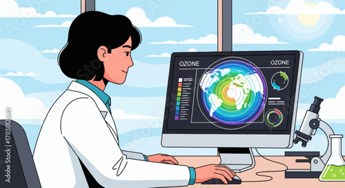 Illustration of a scientist in a lab coat at a desk viewing ozone data on a computer monitor with a microscope nearby