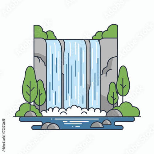 Illustration of a waterfall cascading over gray rocks into a blue river flanked by green trees and bushes