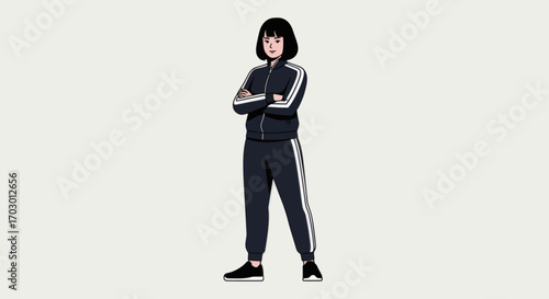 Illustration of a woman in dark blue tracksuit with white stripes arms crossed on a plain light background