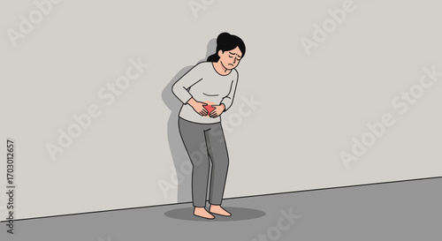 Illustration of a woman hunched over clutching her lower abdomen in pain standing against a light grey wall