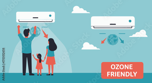 Illustration of two wallmounted air conditioners a family clouds and a OZONE FRIENDLY text box depicting air quality and environmental impact