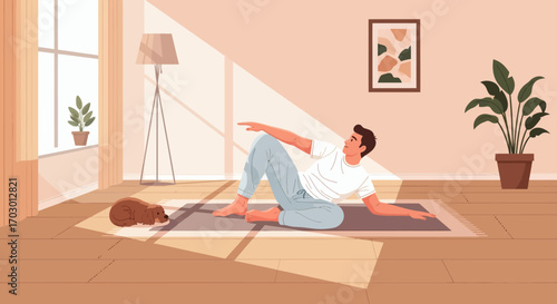 Man stretching on a mat next to his sleeping dog in a sunlit minimalist living room with plants
