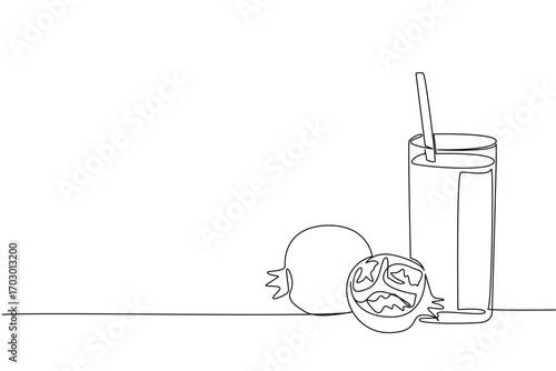 Single continuous line drawing glass of pomegranate juice with a straw in the glass. Delicious. Vitaminized. Contains potassium. Tasty. National Juice Slush Day. One line design vector illustration