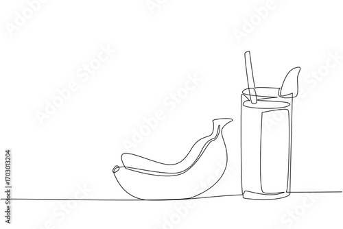Single one line drawing glass of banana juice with a straw in the glass. Enjoy the deliciousness of fruit in a different way. National Juice Slush Day. Continuous line design graphic illustration