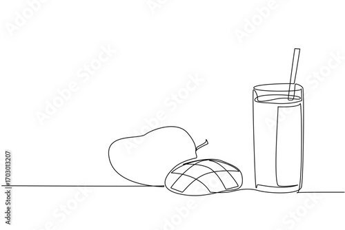 Single continuous line drawing glass of mango juice with a straw in the glass. Delicious and vitamin rich mango smoothie. Fresh. Sweet. National Juice Slush Day. One line design vector illustration