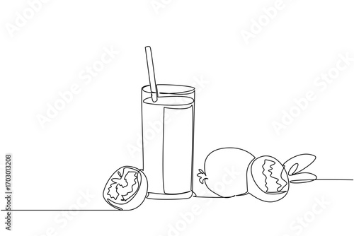 Single continuous line drawing a glass of guava juice with a straw in the glass and pieces of guava. Control blood sugar levels. Fresh. National Juice Slush Day. One line design vector illustration