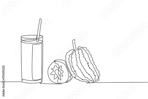 Continuous one line drawing a glass of soursop juice with straw in the glass. Freshness in summer. Cold drinks. Smoothie soursop. National Juice Slush Day. Single line draw design vector illustration