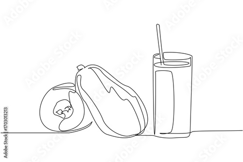 Single continuous line drawing glass of papaya juice with straw in glass. Enjoy fruit by making juice. Easy and still full of vitamins. National Juice Slush Day. One line design vector illustration