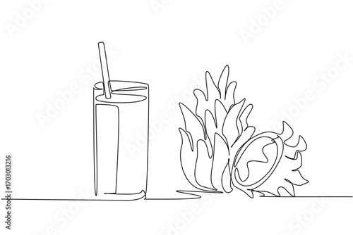 Single one line drawing glass of dragon fruit juice with straw in the glass. The pleasure is equal when juiced or eaten directly. National Juice Slush Day. Continuous line design graphic illustration