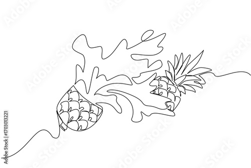 Continuous one line drawing pineapple cut into 2 parts and splash juice comes out from the bottom. Fresh fruit prevents osteoporosis. Vitamin. Juice Splash. Single line draw design vector illustration