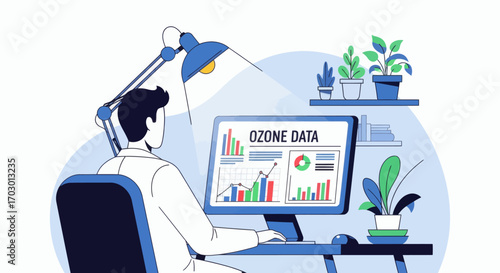 Person at desk views OZONE DATA on computer screen surrounded by charts lamp and potted plants