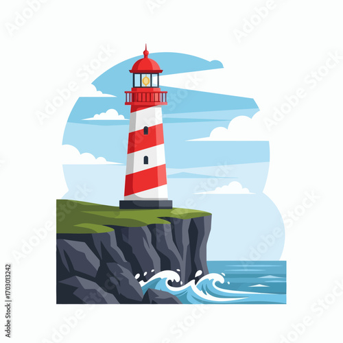 Red and white striped lighthouse atop a dark cliff with crashing blue ocean waves below a cloudy sky