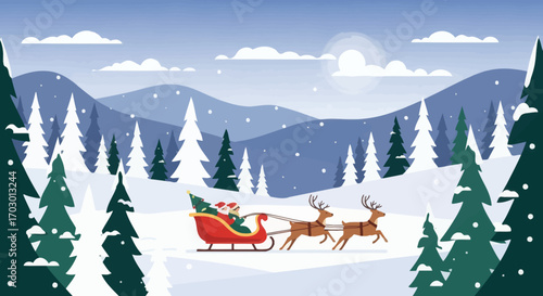 Red sleigh with two people and a Christmas tree pulled by two reindeer in a snowy forest scene with mountains