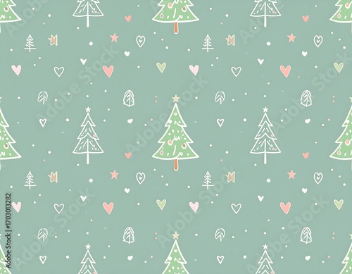 Festive Christmas trees pattern; pastel background, holiday design