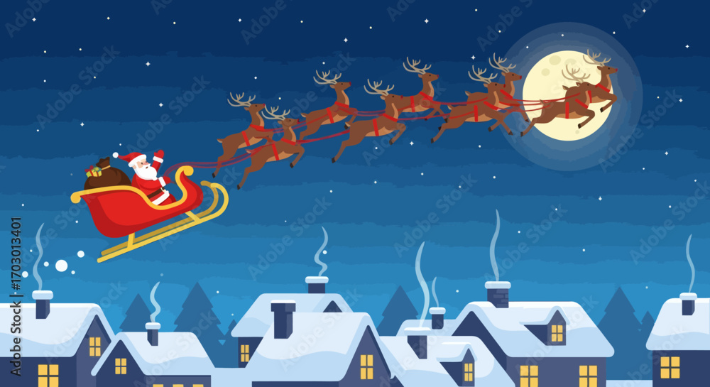 Fototapeta premium Santa in a red sleigh pulled by nine reindeer flies across a starry night sky with a full moon over snowcovered village houses