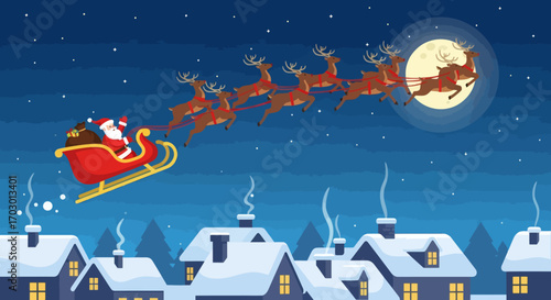 Santa in a red sleigh pulled by nine reindeer flies across a starry night sky with a full moon over snowcovered village houses