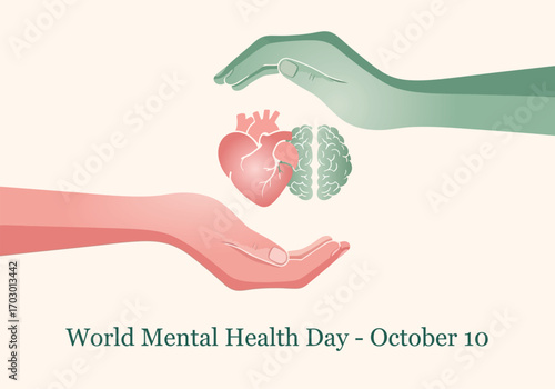 vector illustration of hands exchanging a heart with a brain inside for a World Mental Health Day concept of giving and receiving mental health support and empathy.