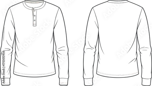 Men’s long sleeve henley shirt fashion flat sketch, casual round neck button placket t-shirt template, apparel design clothing vector illustration
