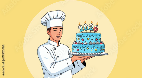 Smiling male chef in white uniform holds a twotiered blue cake with 2026 candles on a yellow background
