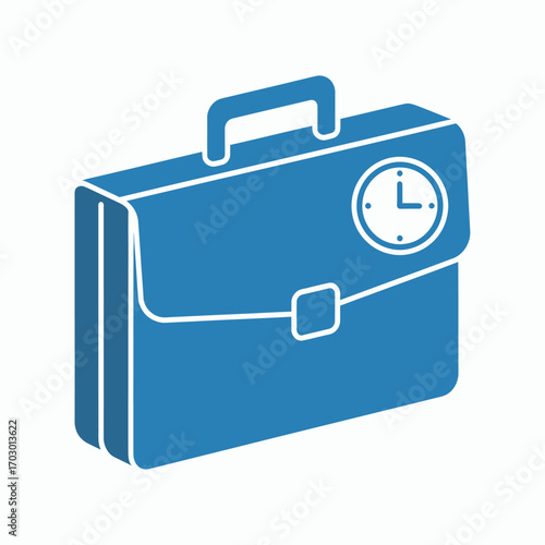 Solid blue briefcase illustration with white outlines and a circular clock icon on its front flap
