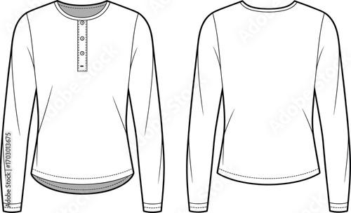 Men’s long sleeve henley shirt flat fashion sketch, casual round neck button placket shirt template, apparel design clothing vector illustration