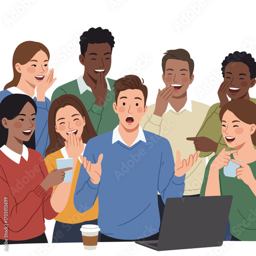 People laughing at a surprised man in front of a laptop computer