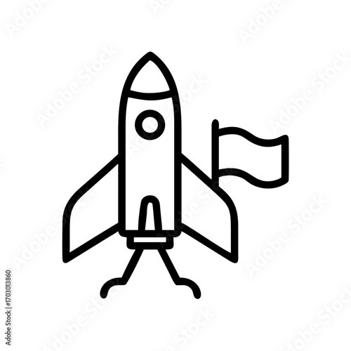 A black and white rocket with a flag on it, symbolising adventure and future exploration. This image represents the spirit of innovation, travel and limitless possibilities