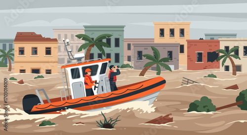 Two rescuers in an orange boat navigate a severely flooded cityscape with damaged buildings and debris under a grey sky