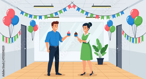 Two smiling individuals in a decorated office hallway sharing cupcakes