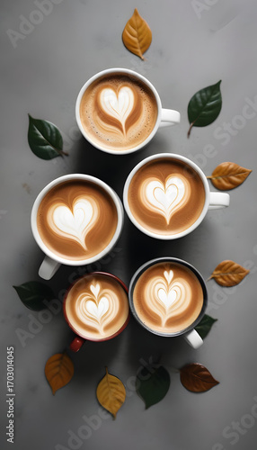 Overhead view of four latte art coffee cups with autumn leaves on gray background, cozy cafe drink concept