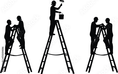 Silhouette of workers painting and collaborating on ladders wearing helmets, teamwork, construction, maintenance, safety, and industrial work concept.