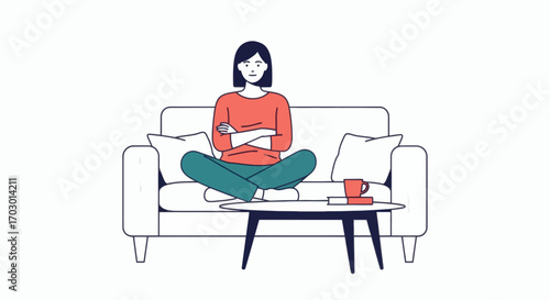 Woman with crossed arms sitting crosslegged on a couch with a coffee table mug and book in a line art style
