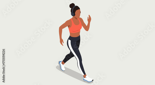 Woman jogging wearing a coral sports bra dark leggings with white stripes headphones and whiteblue sneakers on a plain background