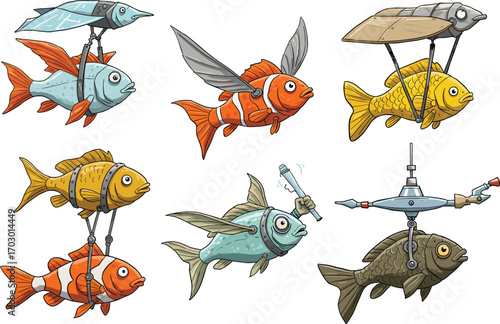 Futuristic flying fish with mechanical wings, robotic aquatic creatures in steampunk style, vector sci-fi illustration, fantasy underwater technology design
