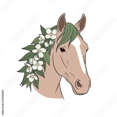 Elegant horse head illustration with beautiful white blossoms adorning its green mane, a symbol of spring and natural beauty