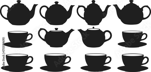 Silhouette vector collection of vintage teapots and teacups for tea party, café menu, kitchen decor, and elegant design use.